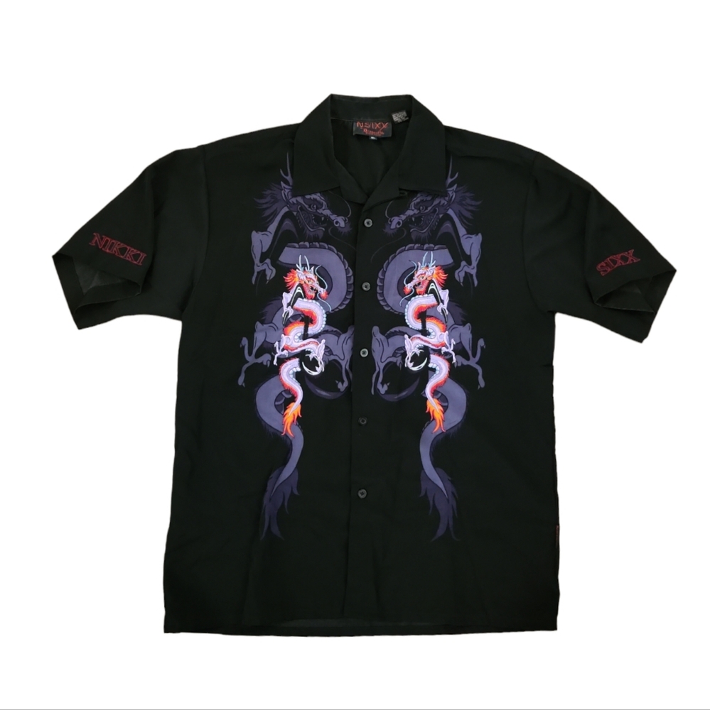 VTG Rare Nikki Sixx X Dragon Fly Mötley Crüe Embroidered Dragons Black Spellout